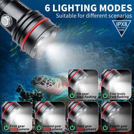 Diving Flashlight, 2000Lumens Dive Light,100m Underwater Flashlight,Dive Lights Scuba Diving,with Type-C Charging Dive Torch for Professional Outdoor Underwater Sports