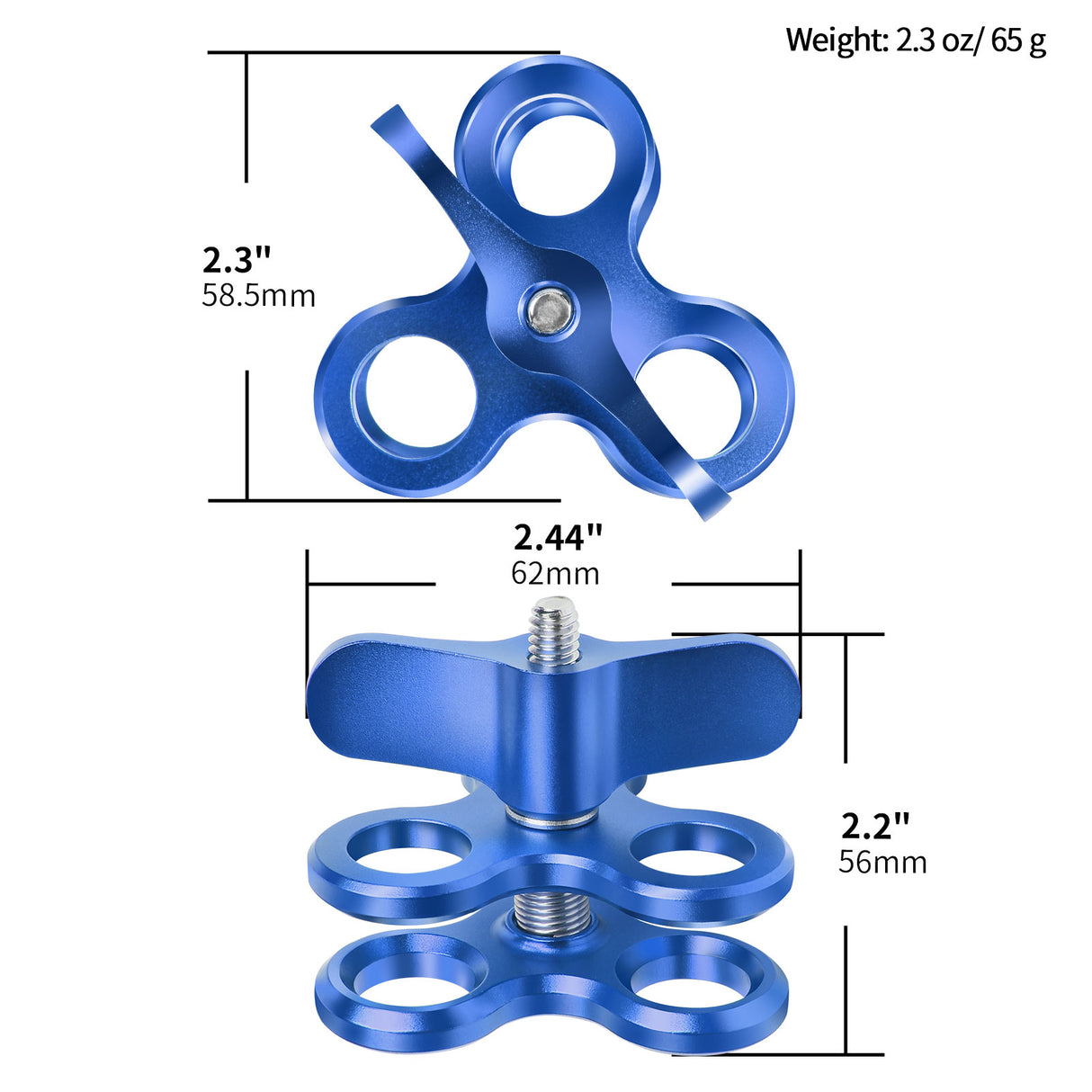 1'' Aluminum Triple Holes Ball Joint Clamp for Underwater Diving Light Arms Tray System, 360° Clip for Action Camera Flashlight Arms System, Photography Diving Camera(2PCS)