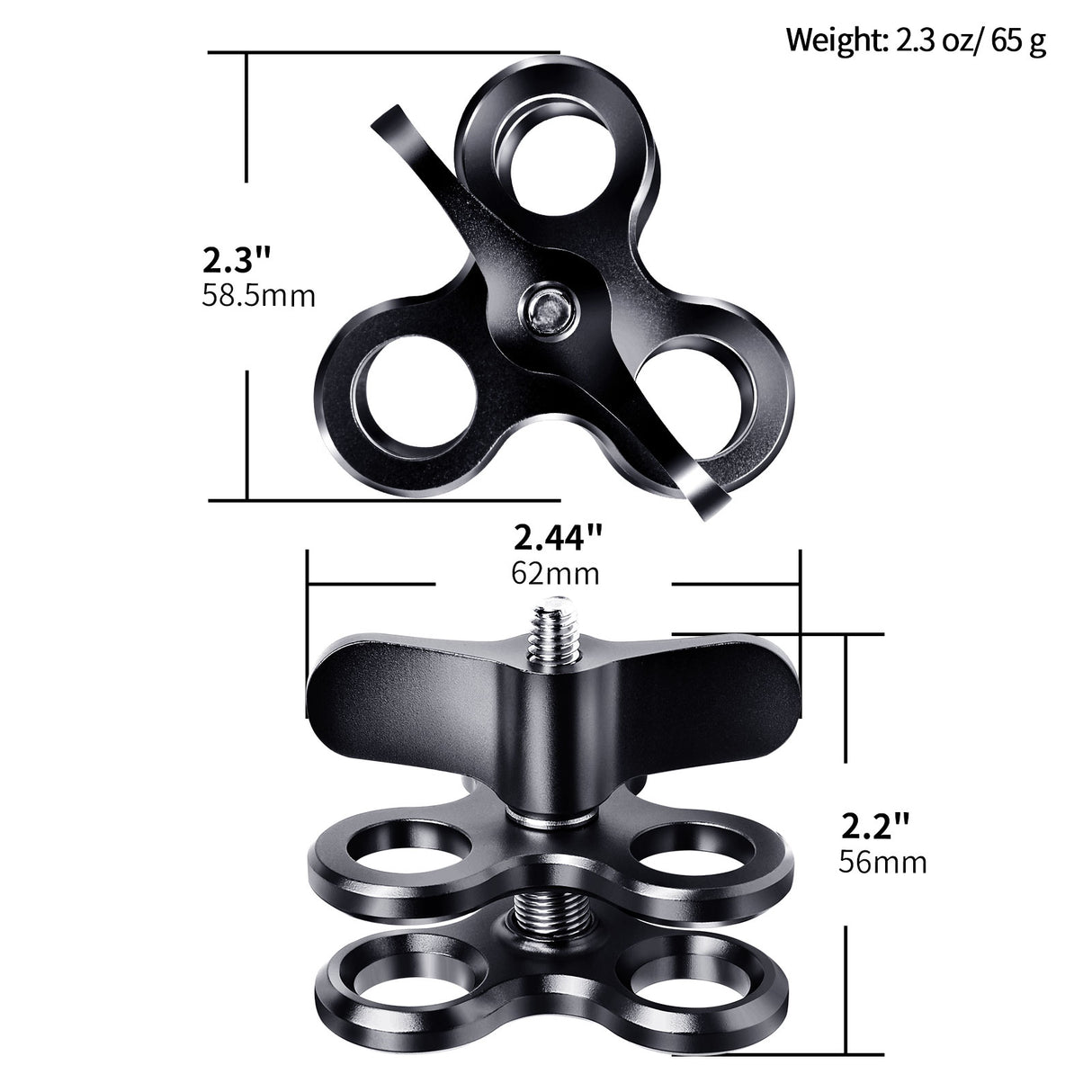 1'' Aluminum Triple Holes Ball Joint Clamp for Underwater Diving Light Arms Tray System, 360° Clip for Action Camera Flashlight Arms System, Photography Diving Camera(2PCS)