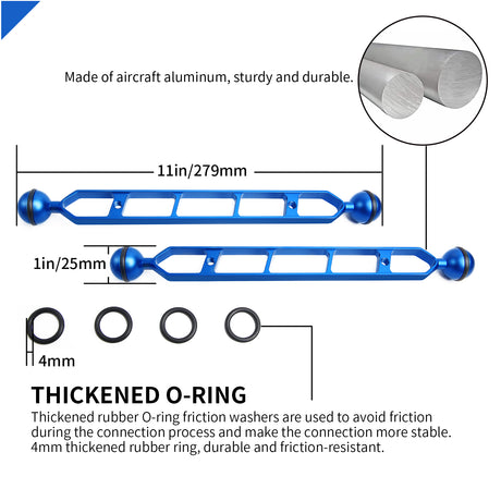 Blue 11" Double Ball Aluminum Alloy Extension Arm, 1" Ball Head Connector Underwater Arm for Strobe/Video Light/Diving Camera Tray, Waterproof and Rustproof (2pack)
