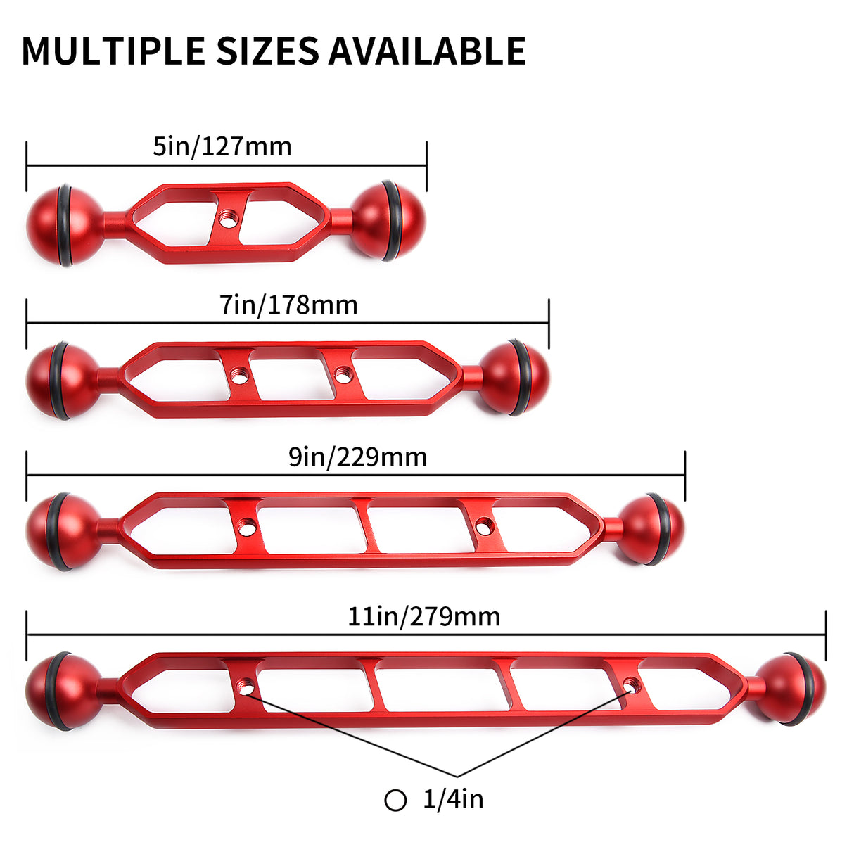 Red 11" Double Ball Aluminum Alloy Extension Arm, 1" Ball Head Connector Underwater Arm for Strobe/Video Light/Diving Camera Tray, Waterproof and Rustproof (2pack)