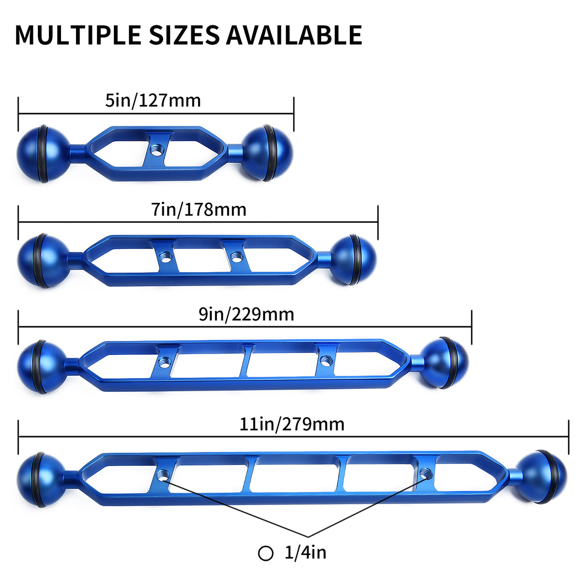 Blue 9" Double Ball Aluminum Alloy Extension Arm, 1" Ball Head Connector Underwater Arm for Strobe/Video Light/Diving Camera Tray, Waterproof and Rustproof (2pack)