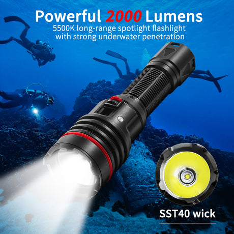 Dive Light, Underwater Flashlight, 2000Lumens Dive Lights Scuba Diving, Diving Flashlight with Type-C Charging for Professional Underwater Sport, Underwater 100m Flashligh