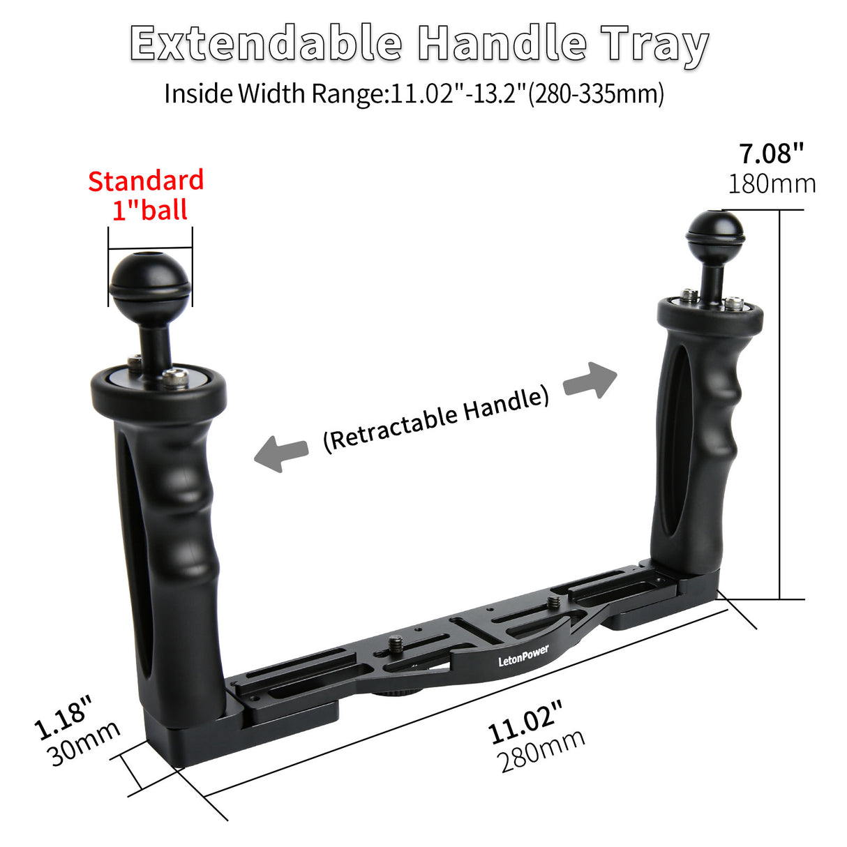 Underwater Camera Handle Tray Bracket, Dual Handle Extendable Aluminum Alloy Video Stabilizer Holder with 1/4 inch Screw Hole