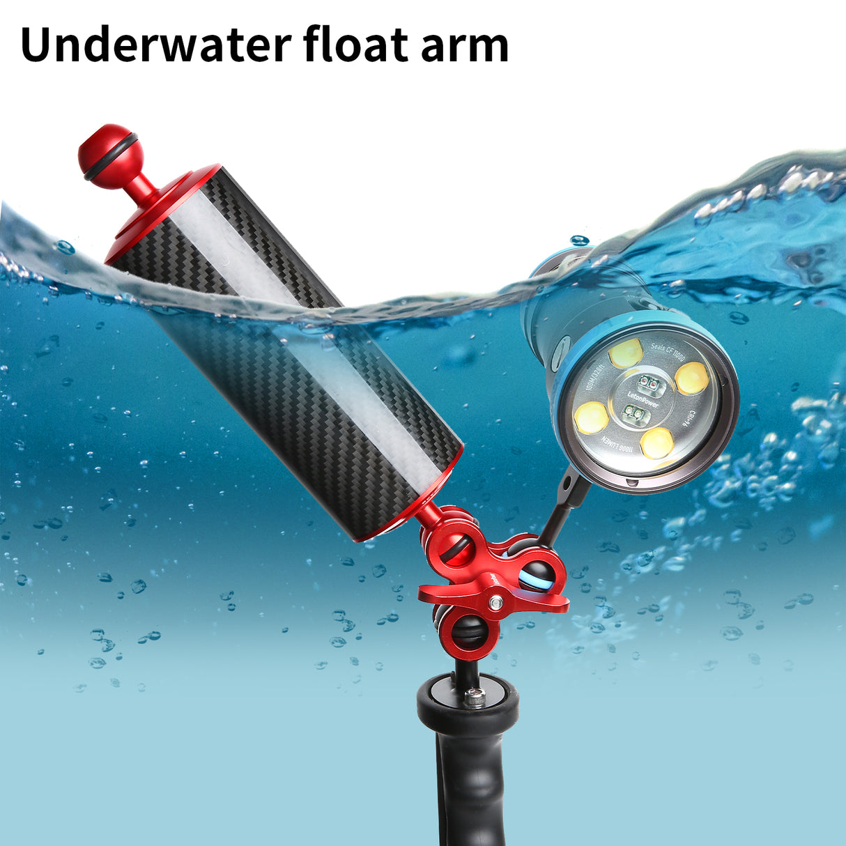 Red 8" Underwater Carbon Fiber Float Arm, for Ultralight, Aquatic Arm, Dual 1'' Ball Buoyancy Floating Arms Lighting System for Diving Tray Video Light/Strobe (2pack)