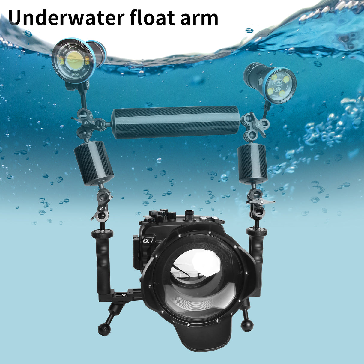 Black 12" Underwater Carbon Fiber Float Arm, for Ultralight, Aquatic Arm, Dual 1'' Ball Buoyancy Floating Arms Lighting System for Diving Tray Video Light/Strobe (2pack)