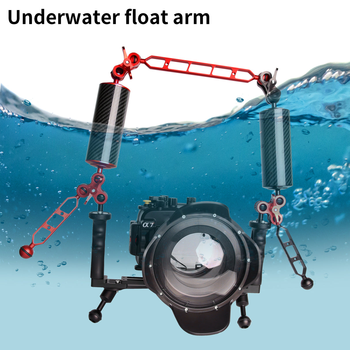 Red 10" Underwater Carbon Fiber Float Arm, for Ultralight, Aquatic Arm, Dual 1'' Ball Buoyancy Floating Arms Lighting System for Diving Tray Video Light/Strobe (2pack)