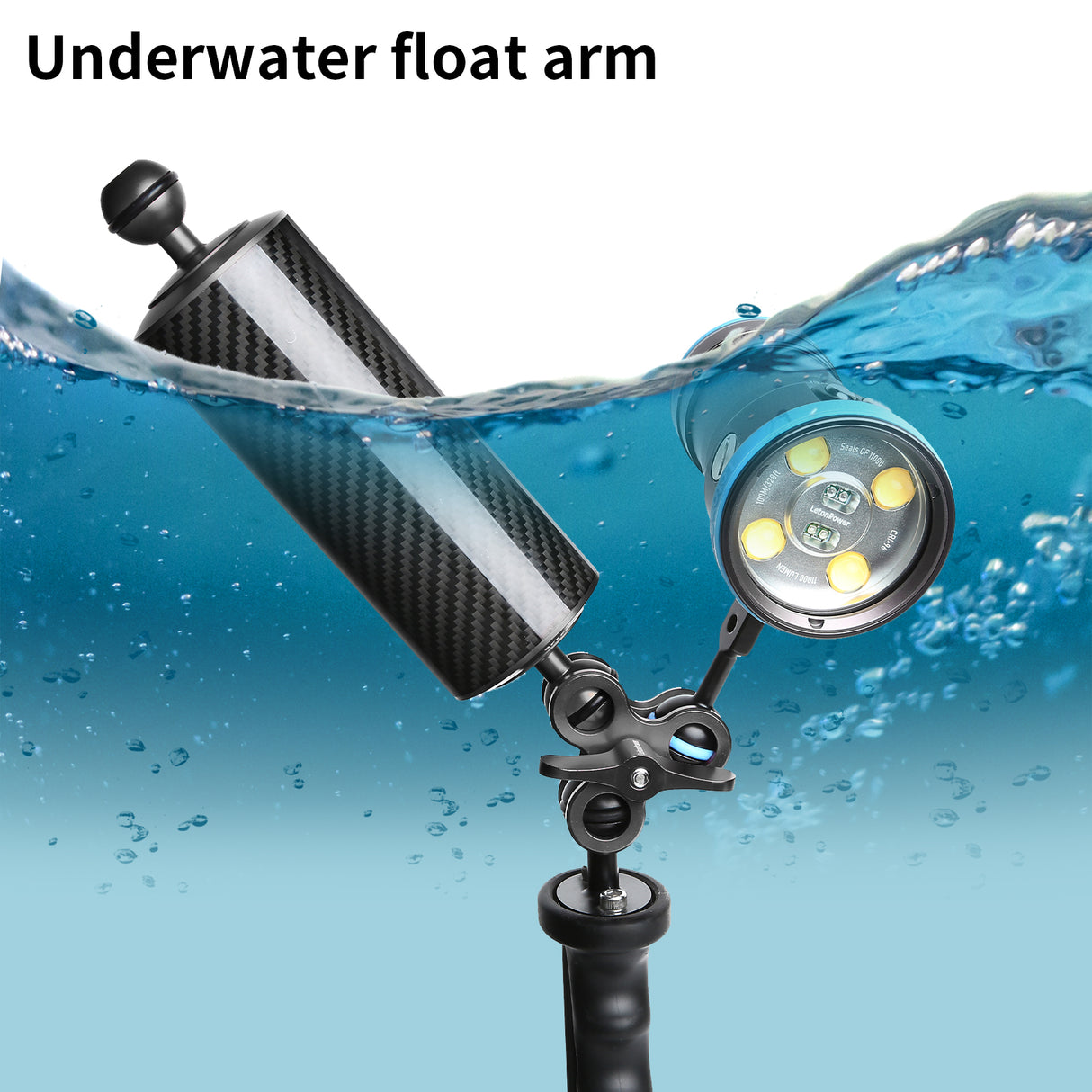 Black 8" Underwater Carbon Fiber Float Arm, for Ultralight, Aquatic Arm, Dual 1'' Ball Buoyancy Floating Arms Lighting System for Diving Tray Video Light/Strobe (2pack)