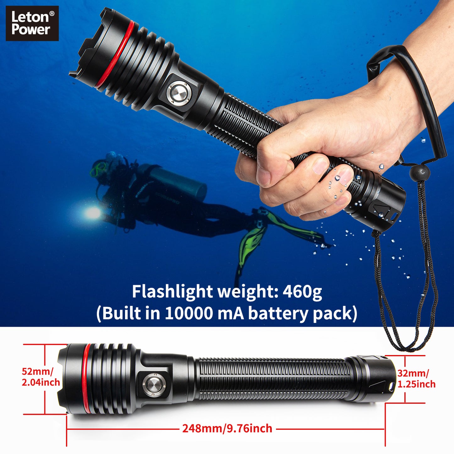 Diving Flashlight,LetonPower Submariner-26S 5000Lumens Dive Light,100m Waterproof,Dive Lights Scuba Diving,with Type-C Charging Underwater Flashlight for Professional Outdoor Underwater Sports