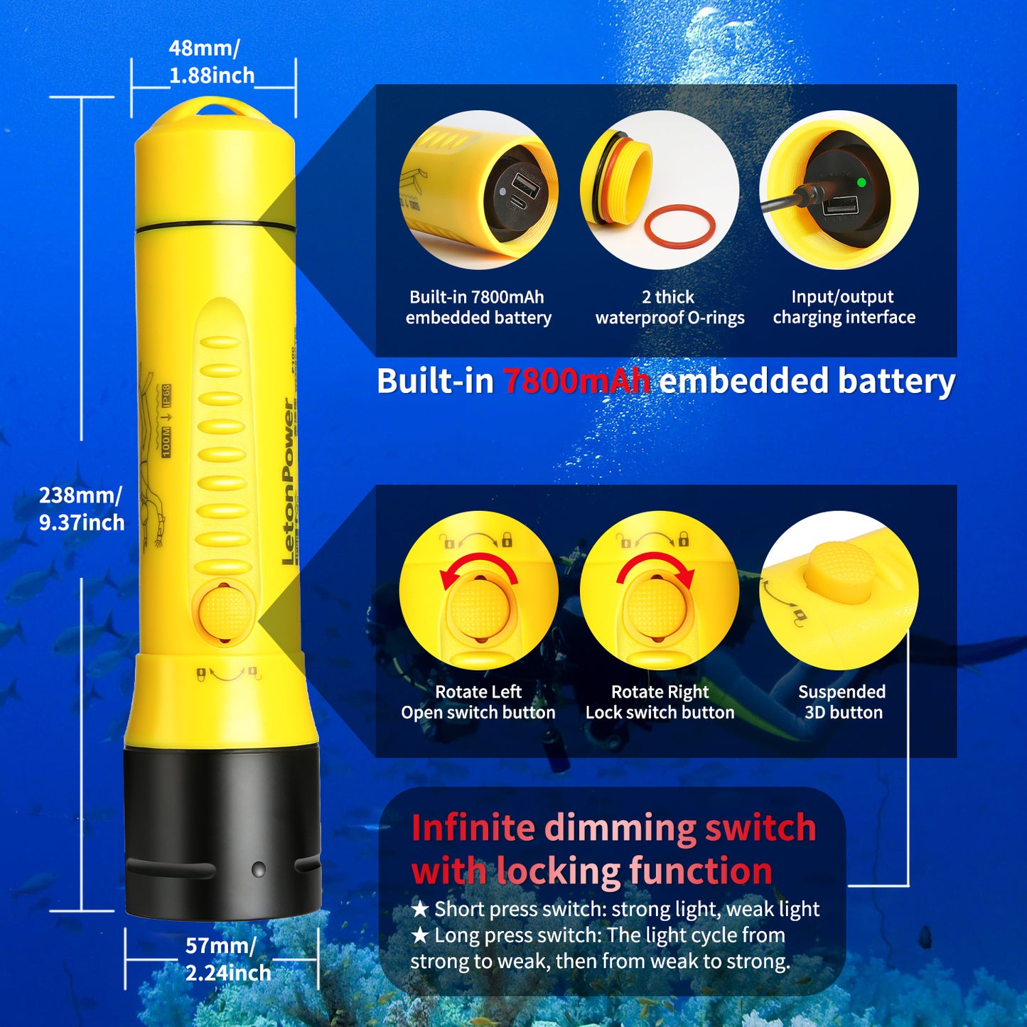 Diving Flashlight,LetonPower Professional Dive Light,1800 Lumens Waterproof Flashlight,100m Underwater Flashlight,5500K White Light Charging Diving Light for Scuba Diving Underwater Hunting