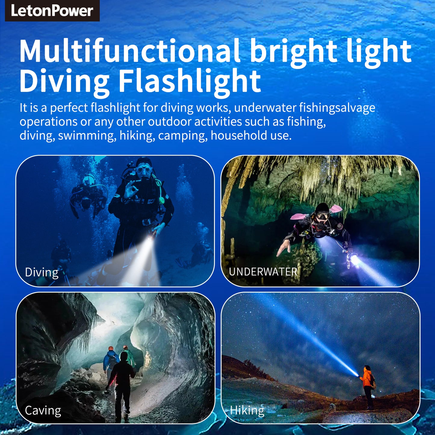 Dive Light, Underwater Flashlight, Underwater Light, Letonpower 2000Lumens Dive Lights Scuba Diving, Diving Flashlight With Type-C Charging for Professional Underwater Sport, Underwater 100m Flashligh