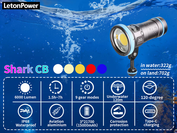 Shark CB 6000 Lumen Dive Light, 120m Waterproof Underwater Video Light 96 CRI with 120 Degree Wide Beam Angle Scuba Flashlight for Underwater Professional Dive Photography Fill Light