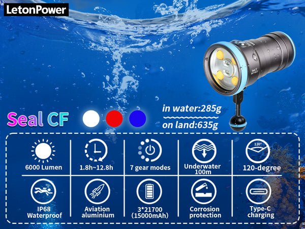 Seal CF 6000 Lumen Dive Light for Underwater Photography, 100m Underwater Video Light 96 CRI with 120 Degree Wide Beam Angle Scuba Flashlight for Professional Dive Photography Fill Light