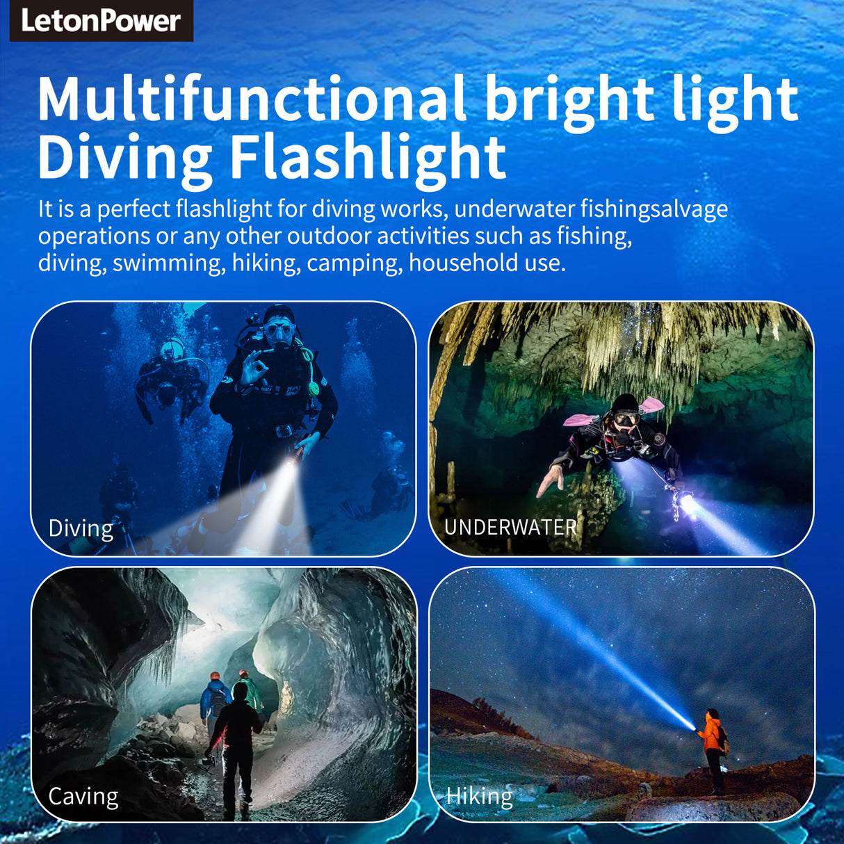 Dive Light, Underwater Flashlight, 2000Lumens Dive Lights Scuba Diving, Diving Flashlight with Type-C Charging for Professional Underwater Sport, Underwater 100m Flashligh