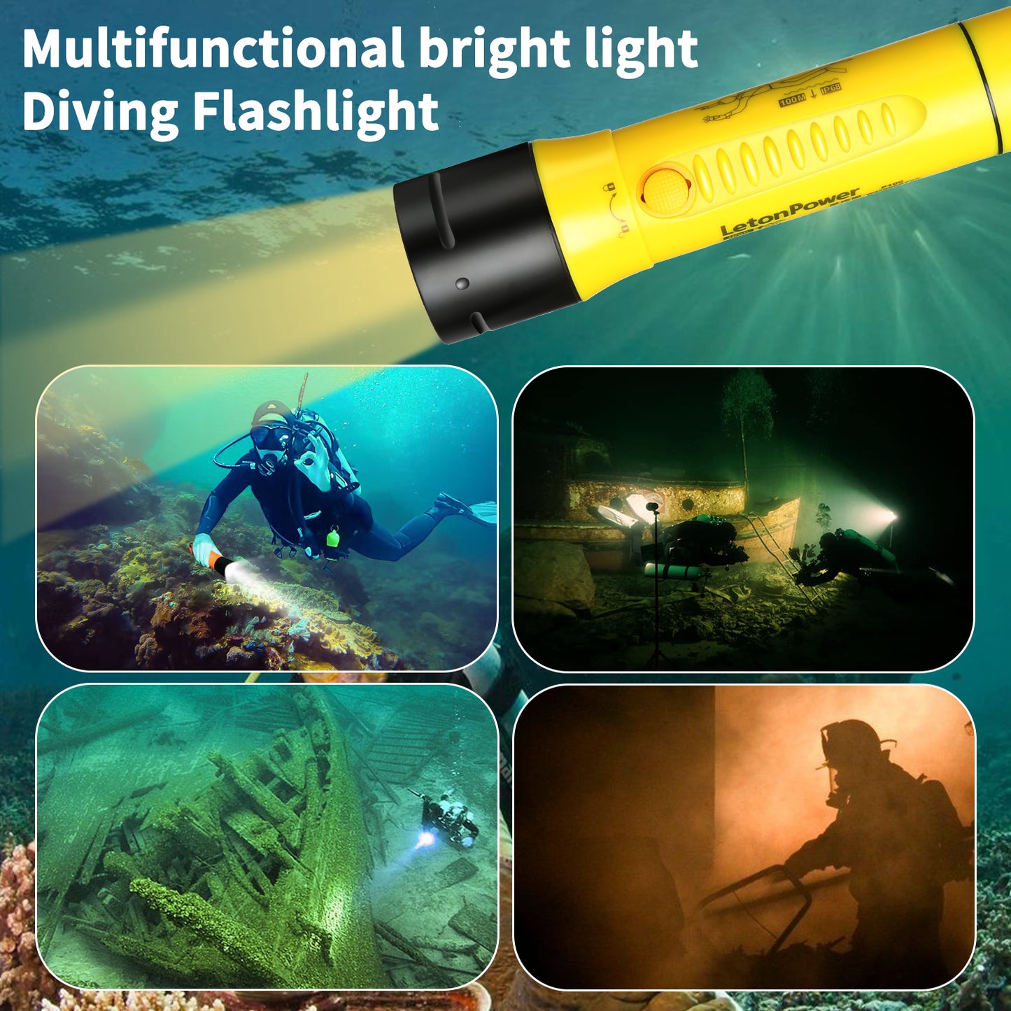 Diving Flashlight,LetonPower Professional Dive Light,1800 Lumens Waterproof Flashlight,100m Underwater Flashlight,5500K White Light Charging Diving Light for Scuba Diving Underwater Hunting