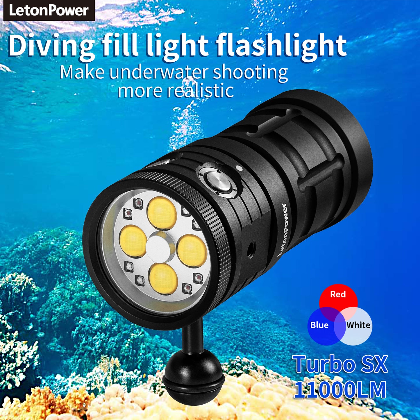 Dive Light,LetonPower TS SX 11000Lumens 100m Underwater Video Light,Diving Flashlight,Scuba Dive Light,Waterproof Flashlight with for Under Water Sports,Underwater Video Shooting and Photography