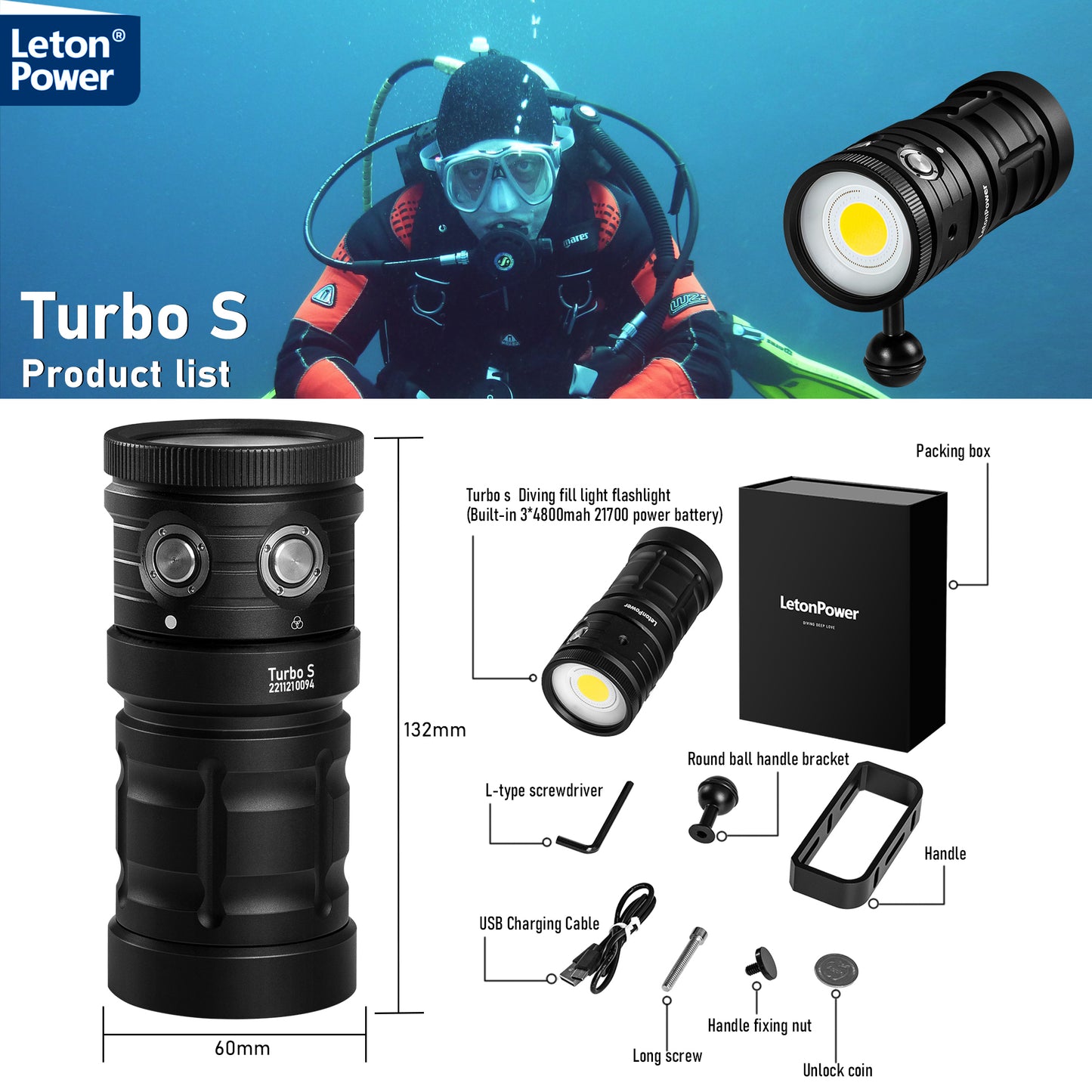 Dive Light,LetonPower TS S 10000Lumens 100m Underwater Video Light,Diving Flashlight,Waterproof Flashlight with Type-C Charging for Professional Under Water Sports