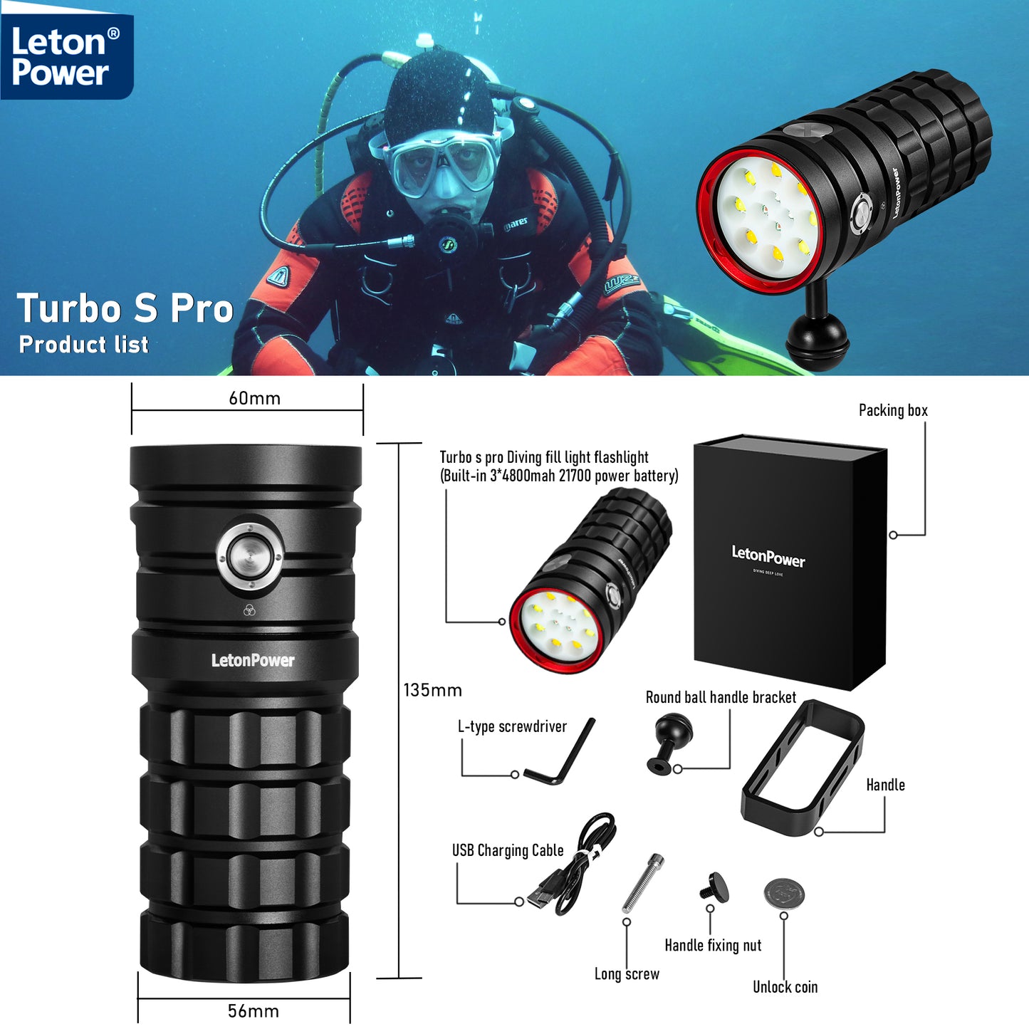 LetonPower Dive Light, TS S Pro13000Lumens 100m Underwater Video Light,Diving Flashlight,Waterproof Flashlight with Type-C Charging for Professional Under Water Sports