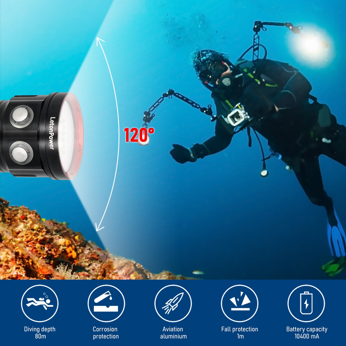 LetonPower Diving Flashlight 8000Lumen Underwater Flashlight 27 LED Scuba Diving Flashlight 100m Waterproof Dive Light Underwater Video Torch Outdoor Underwater Waterproof Dive Light