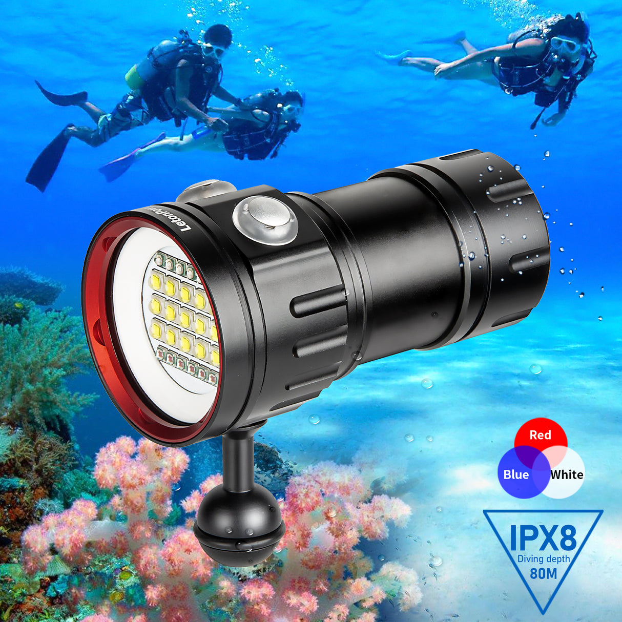 B15 Dive Light Underwater Flashlight 8000Lumens Underwater Video Lights 80m Scuba Dive Light Diving Flashlight for Under Water Sports,Underwater Video Shooting and Photography