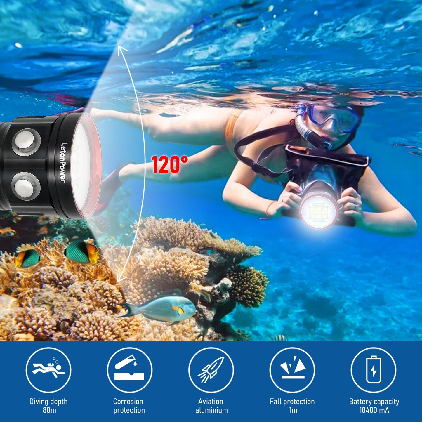 Diving Flashlight,LetonPower BB14 9000Lumens Dive Light,Super Bright Dive Light,80m Waterproof Flashlight,Scuba Dive Light,Dive Lights for Underwater Video Shooting and Photography