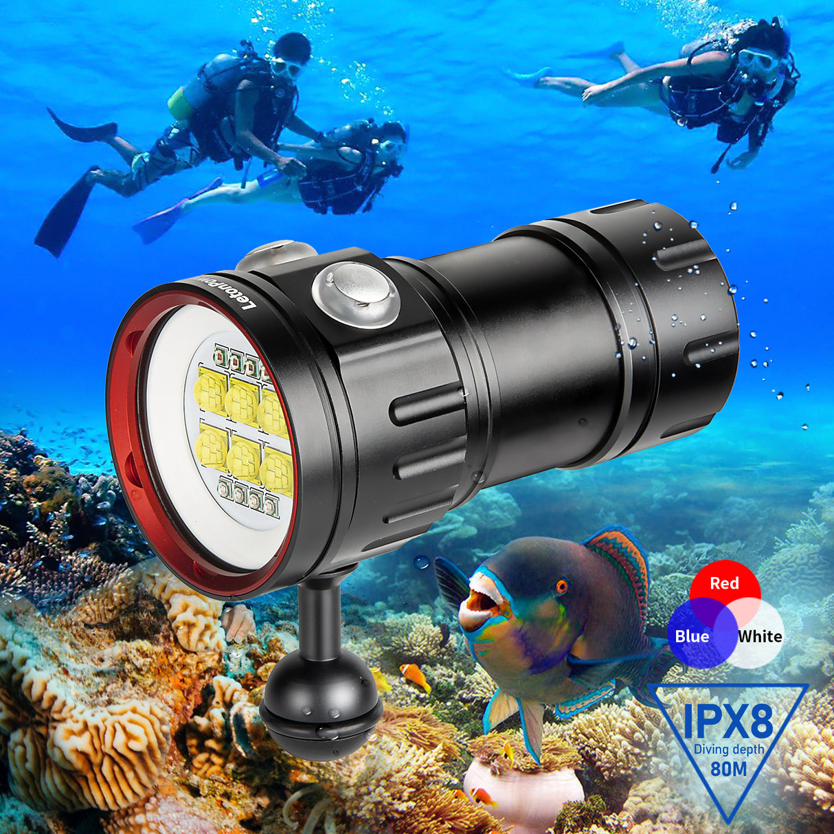 B24 Dive Light Underwater Flashlight 9000Lumens Underwater Video Lights 80m Scuba Dive Light Diving Flashlight for Under Water Sports,Underwater Video Shooting and Photography