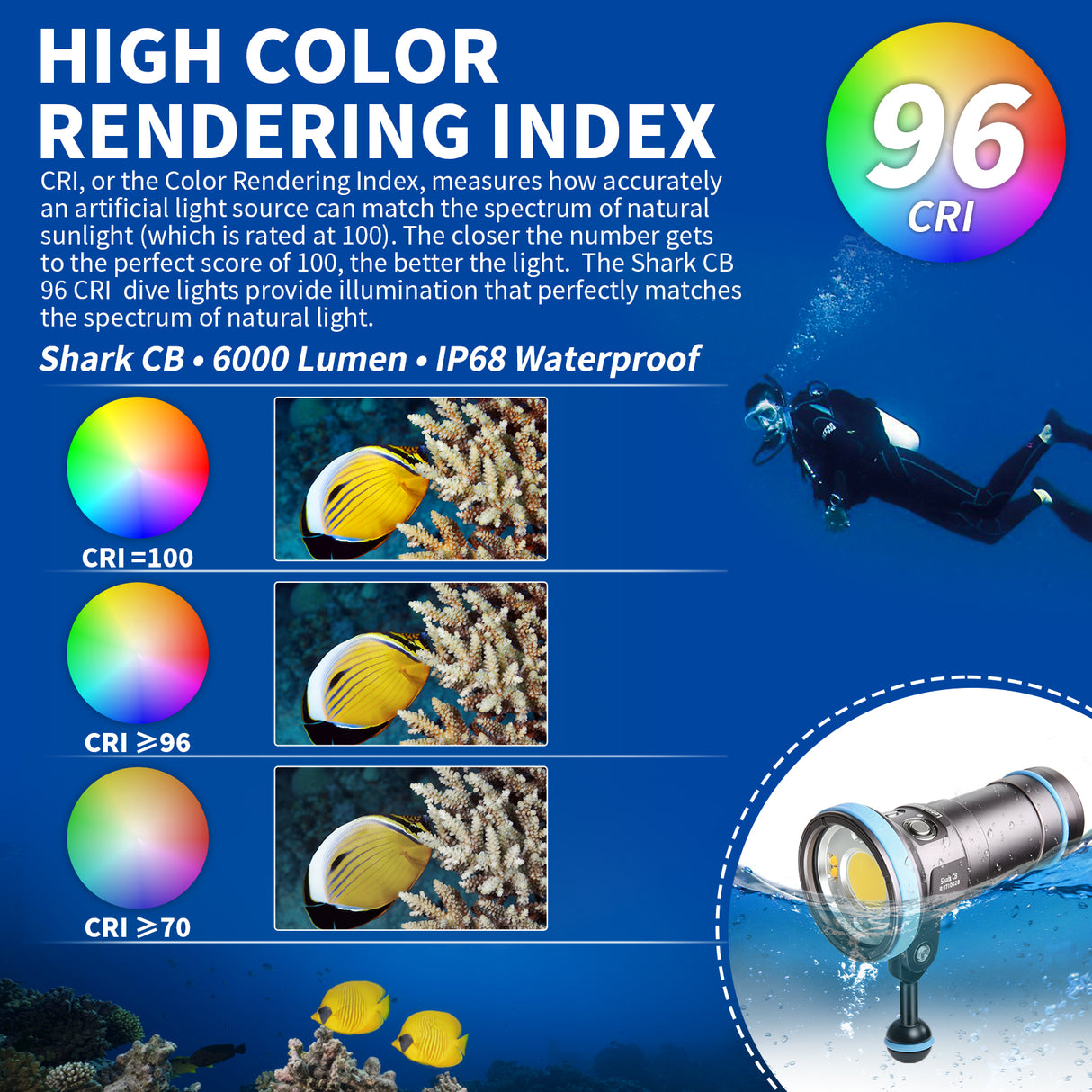 Shark CB 6000 Lumen Dive Light, 120m Waterproof Underwater Video Light 96 CRI with 120 Degree Wide Beam Angle Scuba Flashlight for Underwater Professional Dive Photography Fill Light