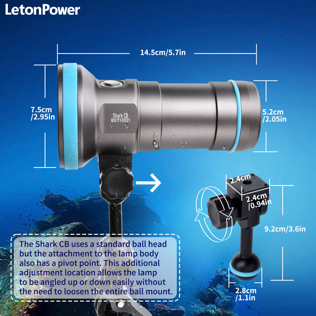 Shark CB 6000 Lumen Dive Light, 120m Waterproof Underwater Video Light 96 CRI with 120 Degree Wide Beam Angle Scuba Flashlight for Underwater Professional Dive Photography Fill Light