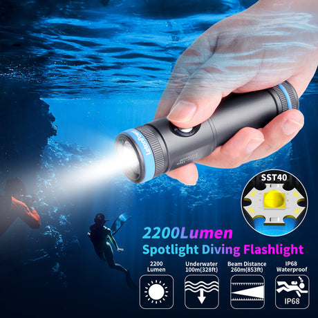 Tynny-13se Dive Light 2200 Lumens Compact Underwater Flashlight, 6 Modes Dive Torch, Snorkeling Light with Rechargeable Battery and Type-C Charging for Scuba Diving Flashlight (Gun gray)