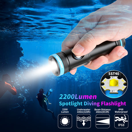 Tynny-13se Dive Light 2200 Lumens Compact Underwater Flashlight, 6 Modes Dive Torch, Snorkeling Light with Rechargeable Battery and Type-C Charging for Scuba Diving Flashlight (black)