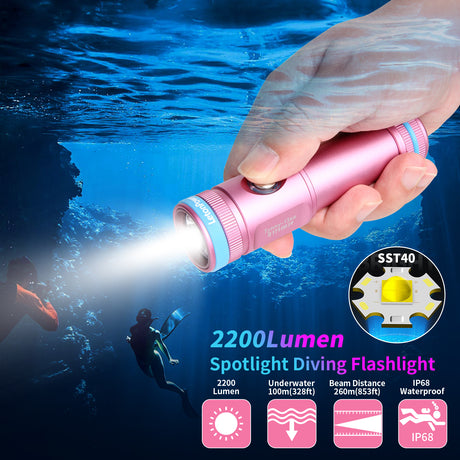 Tynny-13se Dive Light 2200 Lumens Compact Underwater Flashlight, 6 Modes Dive Torch, Snorkeling Light with Rechargeable Battery and Type-C Charging for Scuba Diving Flashlight (Pink)