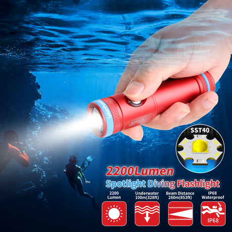 Tynny-13se Dive Light 2200 Lumens Compact Underwater Flashlight, 6 Modes Dive Torch, Snorkeling Light with Rechargeable Battery and Type-C Charging for Scuba Diving Flashlight (red)