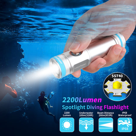 Tynny-13se Dive Light 2200 Lumens Compact Underwater Flashlight, 6 Modes Dive Torch, Snorkeling Light with Rechargeable Battery and Type-C Charging for Scuba Diving Flashlight (silvery)